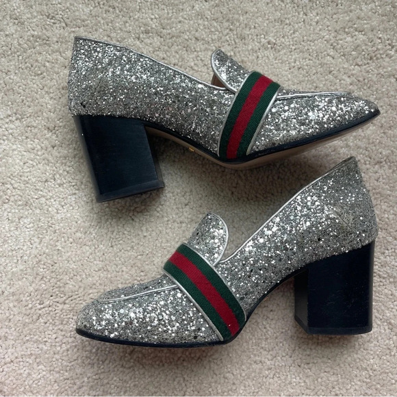 GUCCI Peyton Glitter Block Heel Loafers In Argento Silver - Picture 8 of 12